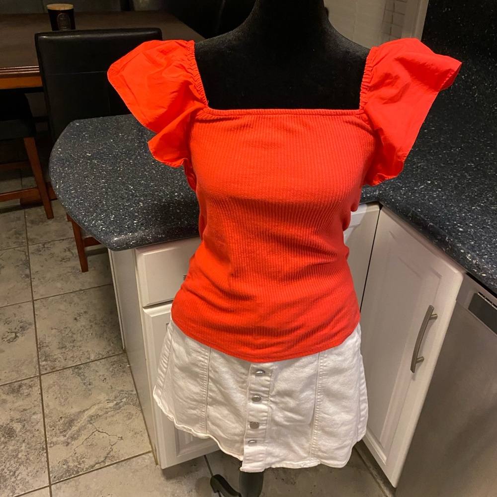 Red Square-Neck Puff Sleeve Women's Top